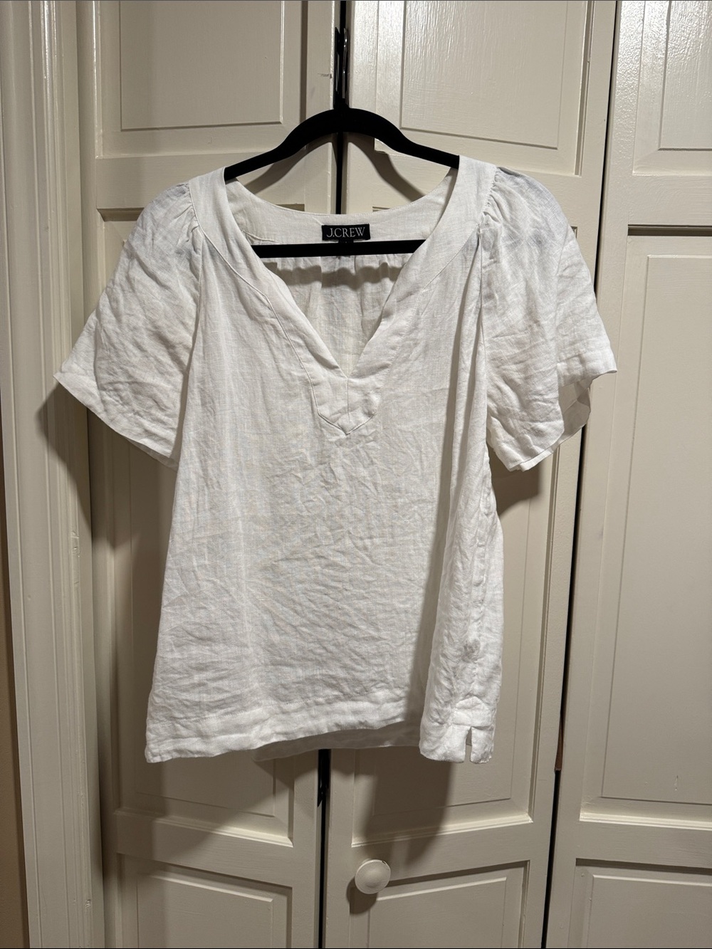J. Crew White Linen V-Neck Short Sleeve Blouse